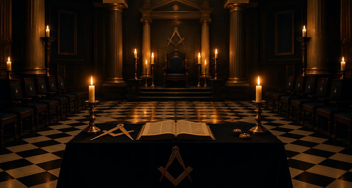 Altar de Loja maçônica com livro aberto, esquadro, compasso e velas acesas sobre piso mosaico