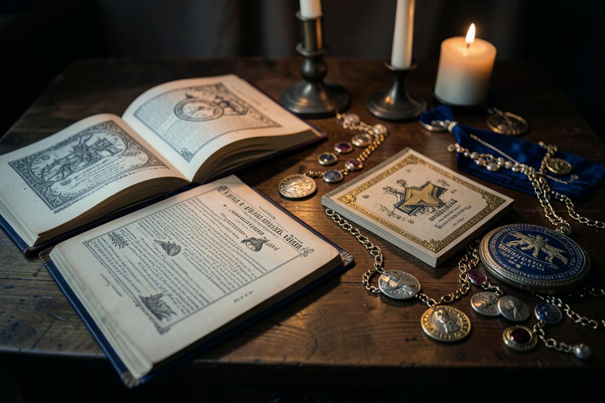 Livros rituais e paramentos de diferentes ritos sobre mesa de madeira