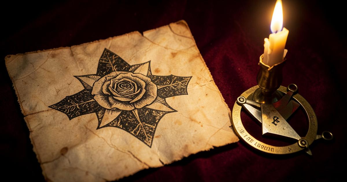 Emblema da rosa-cruz gravado em pergaminho antigo ao lado de esquadro e compasso maçônicos à luz de vela