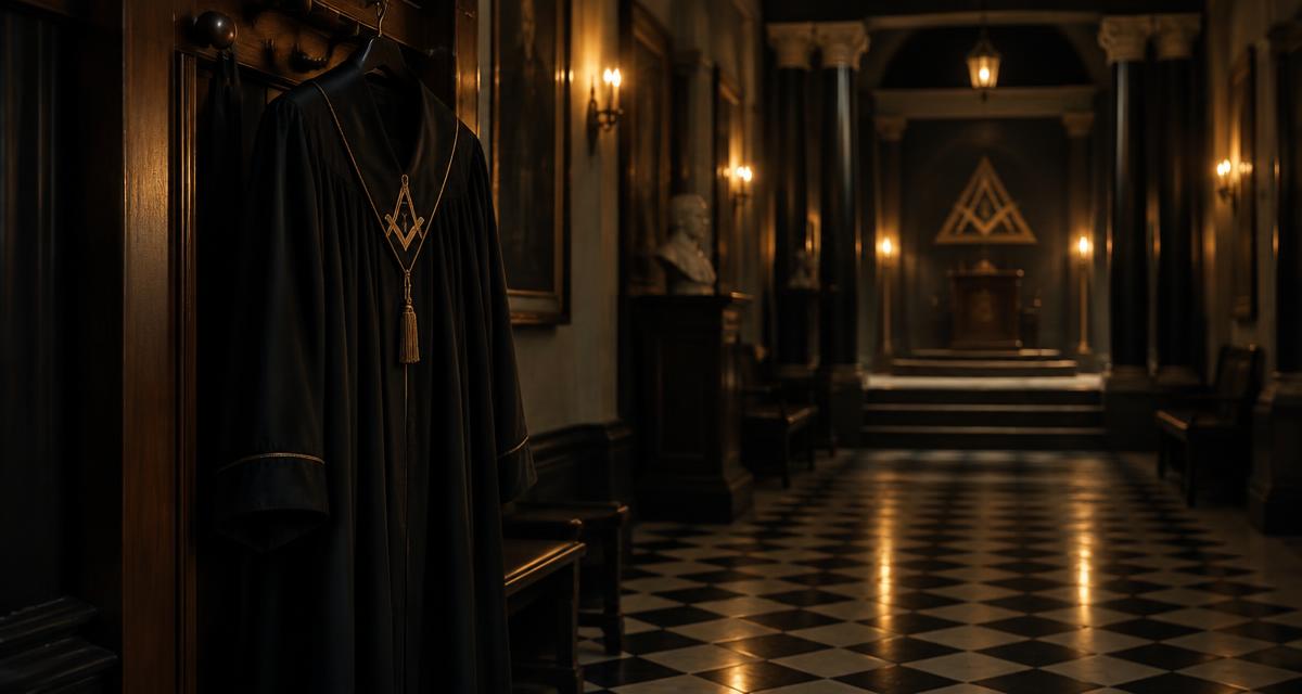 Balandrau preto pendurado no corredor de um templo maçônico