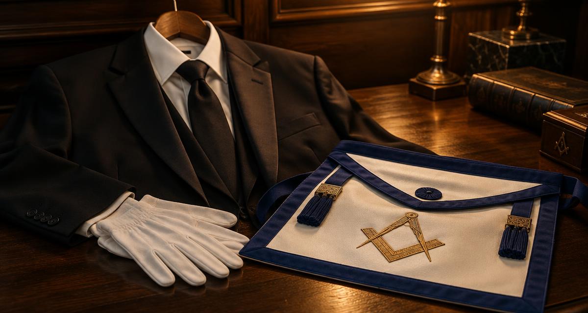 Terno escuro, camisa branca, luvas e avental maçônico sobre mesa de madeira