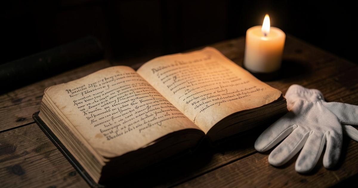 Livro de ritual antigo aberto sobre mesa de madeira, ao lado de uma vela acesa e luvas brancas maçônicas