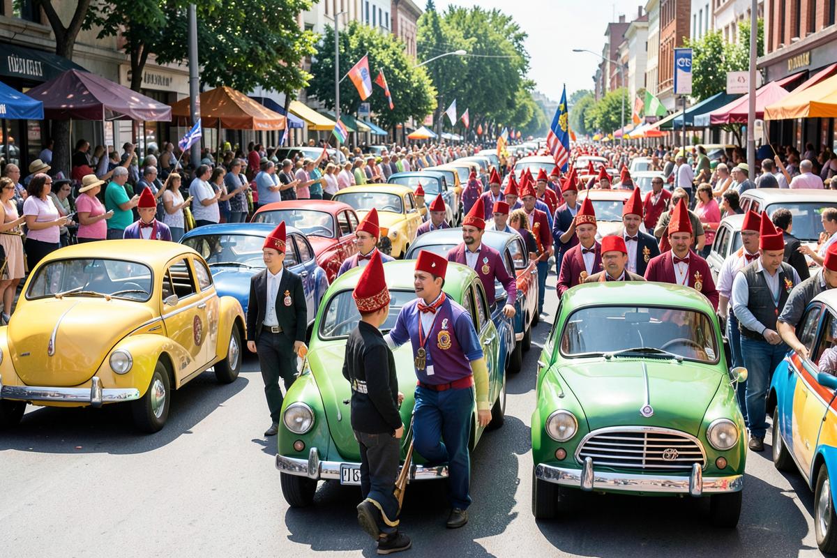 Desfile beneficente com membros de fez vermelho e carros clássicos