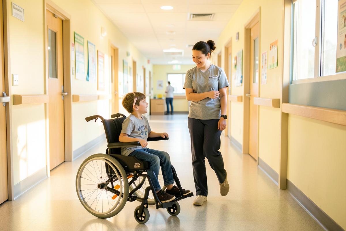 Corredor de hospital infantil com criança em cadeira de rodas e voluntária