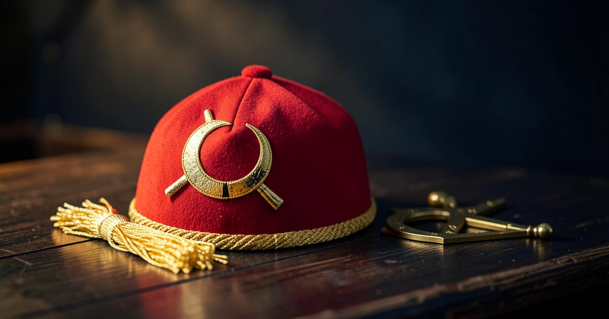 Fez vermelho com emblema de crescente e cimitarra ao lado de esquadro e compasso maçônicos