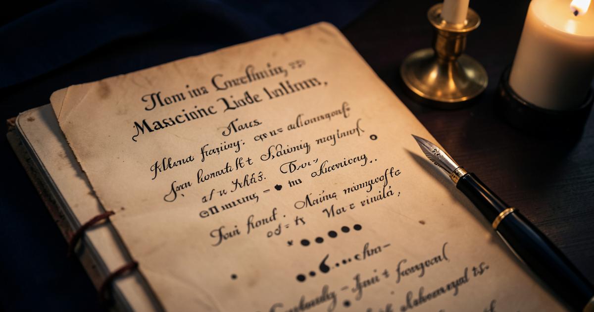 Documento maçônico manuscrito com abreviaturas e três pontos à luz de velas