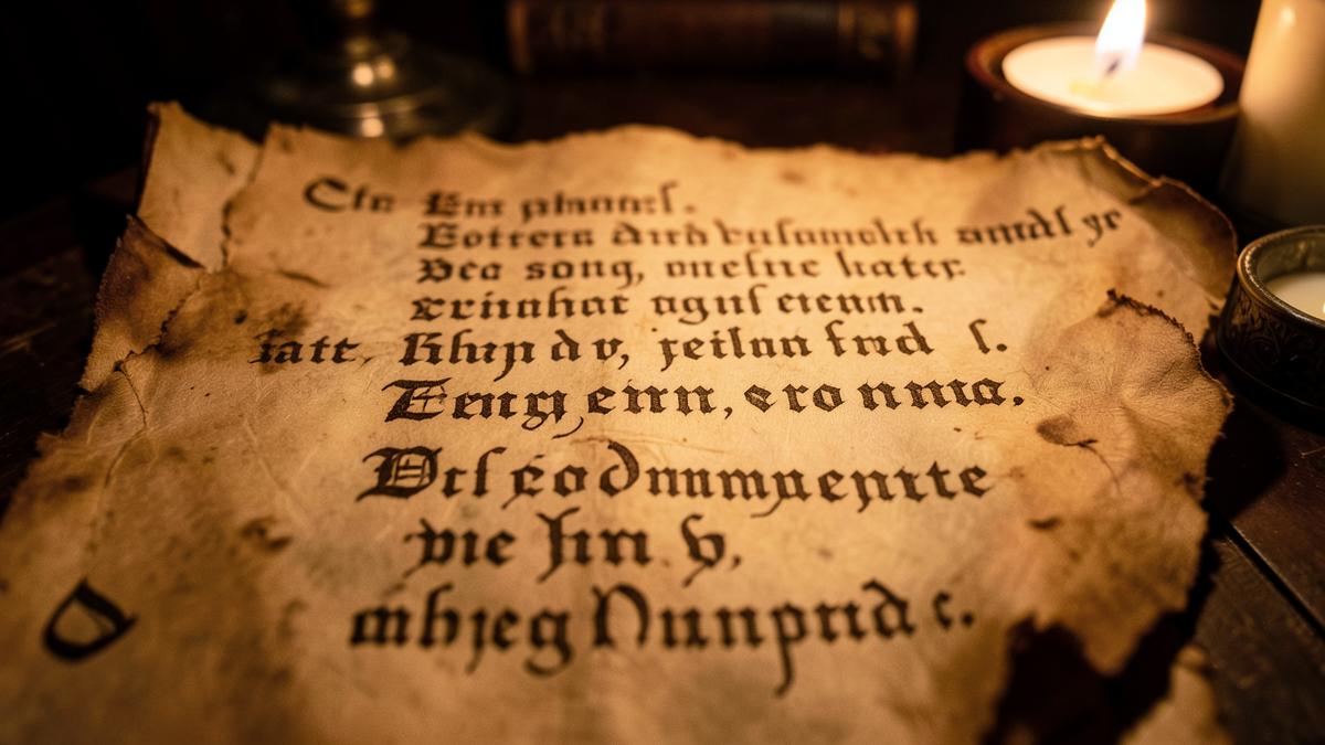Manuscrito medieval iluminado à luz de velas, semelhante ao Manuscrito Regius