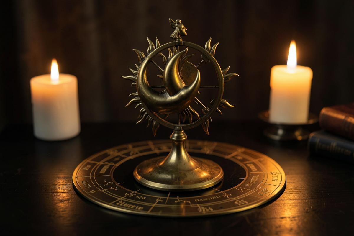 Instrumento de latão com sol e lua sobre disco zodiacal, iluminado por velas