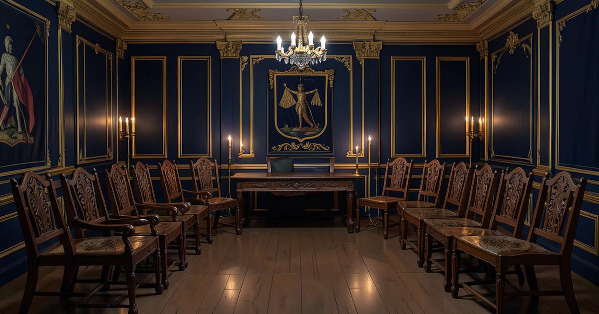 Sala de reuniões de um Supremo Conselho maçônico, cadeiras entalhadas em semicírculo à luz de velas