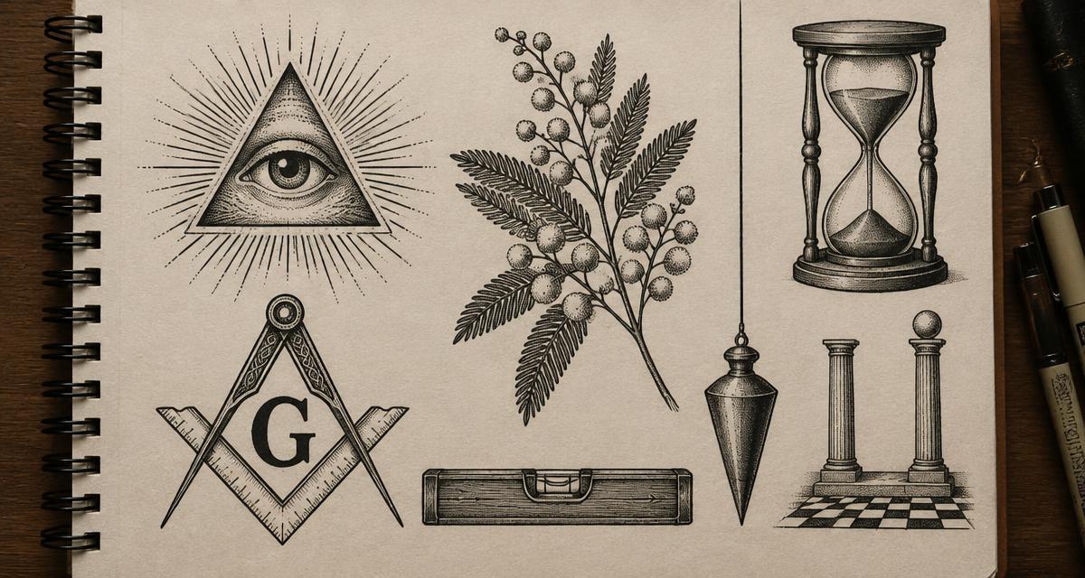 Página de caderno com desenhos em nanquim de símbolos maçônicos: olho que tudo vê, acácia, ampulheta, nível e prumo