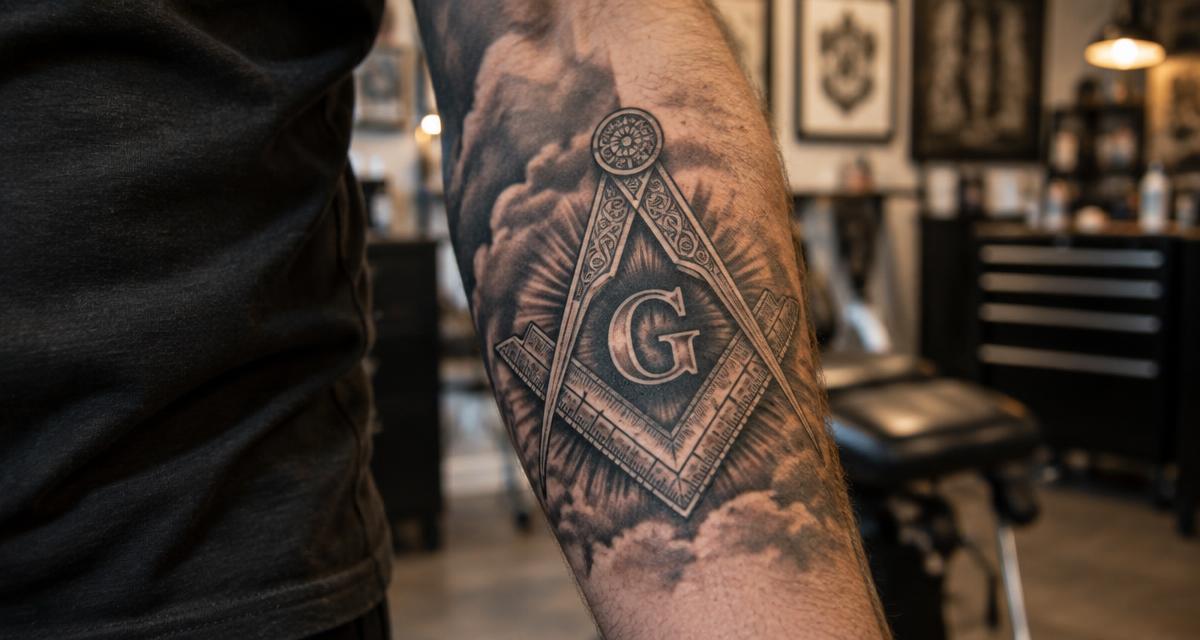 Tatuagem de esquadro e compasso com a letra G no antebraço de um homem, feita em nanquim preto