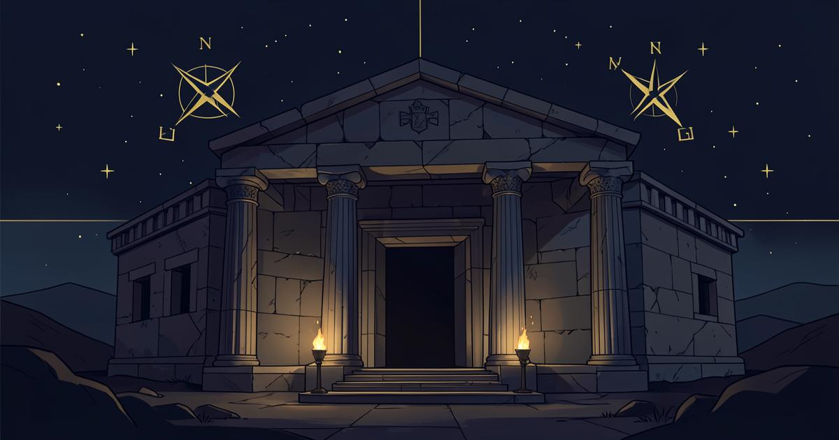 Ilustração do Templo de Salomão com duas colunas de bronze à entrada sob céu estrelado