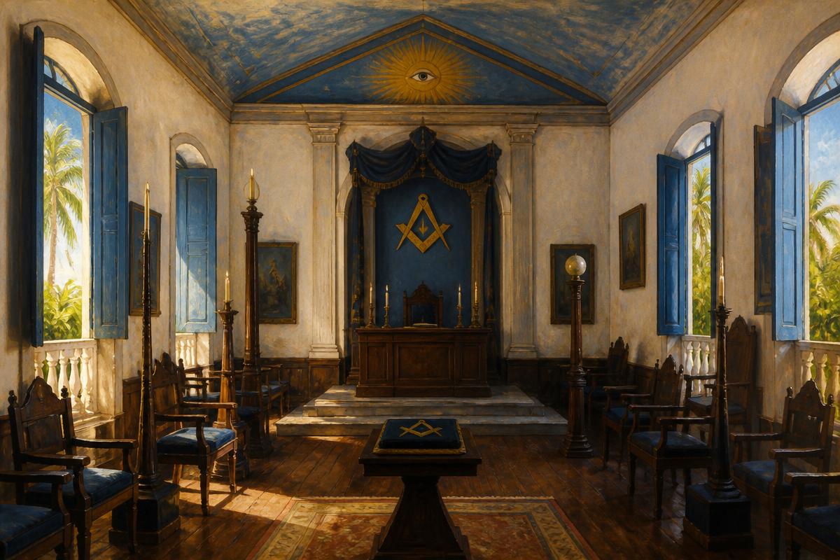 Interior de templo maçônico brasileiro com arquitetura colonial e luz tropical