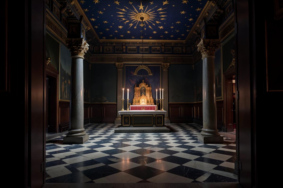 Interior de templo maçônico com piso mosaico, colunas e teto estrelado