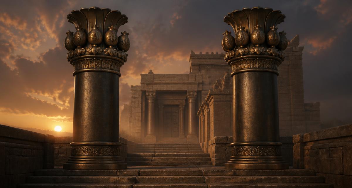 Duas grandes colunas de bronze na entrada de um templo antigo