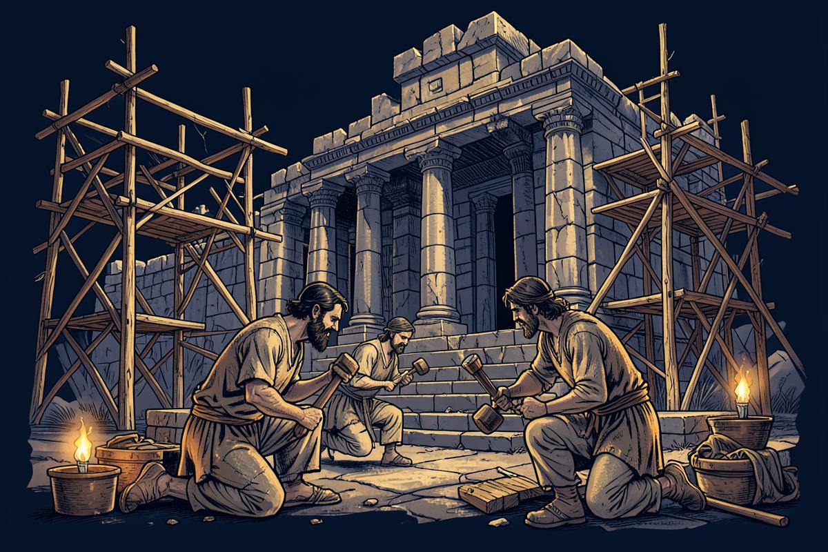 Pedreiros antigos trabalhando na construção de um templo de pedra