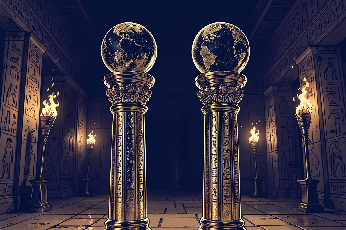 Colunas de bronze na entrada de um templo antigo