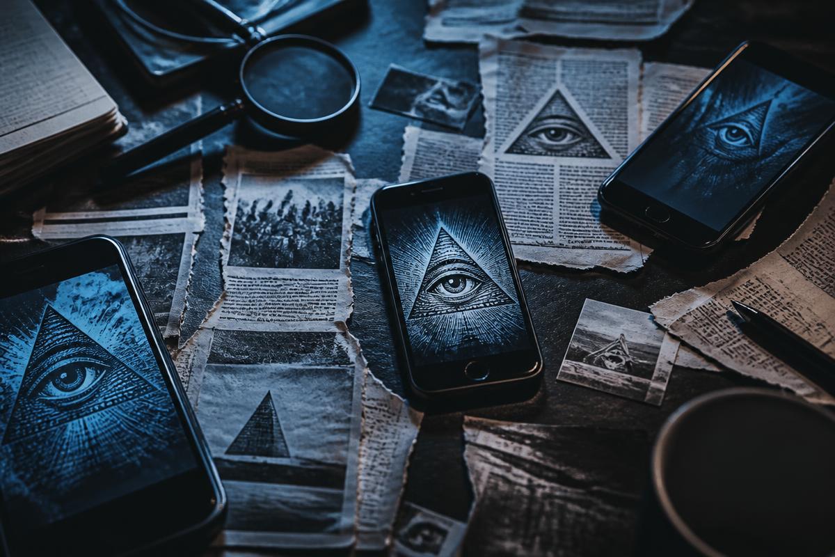 Recortes de jornal e telas de celular com símbolos de triângulo e olho