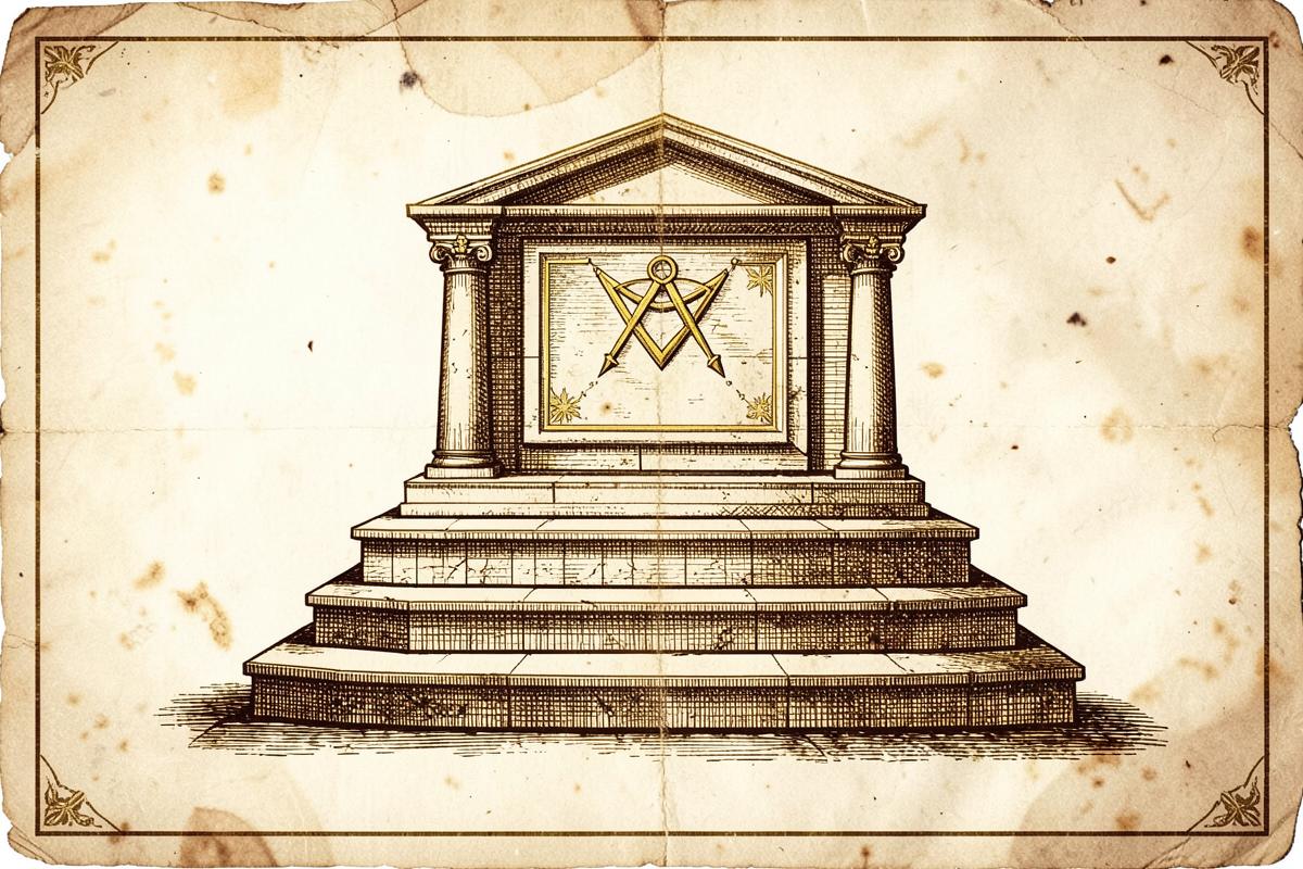Gravura antiga de três degraus de pedra conduzindo a um altar maçônico