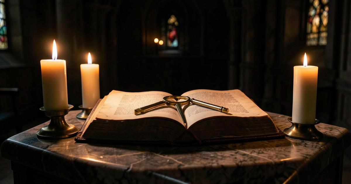 Livro da Lei aberto sobre altar maçônico com esquadro e compasso à luz de velas