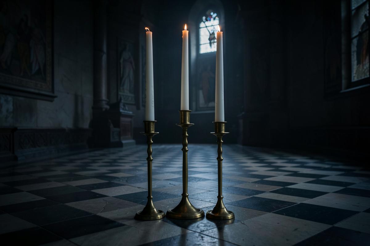 Três velas acesas em castiçais de bronze no interior do templo