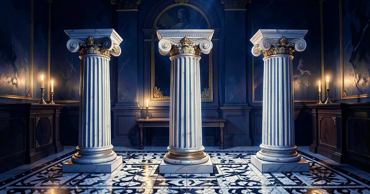 Três colunas maçônicas jônica, dórica e coríntia iluminadas por velas em uma Loja