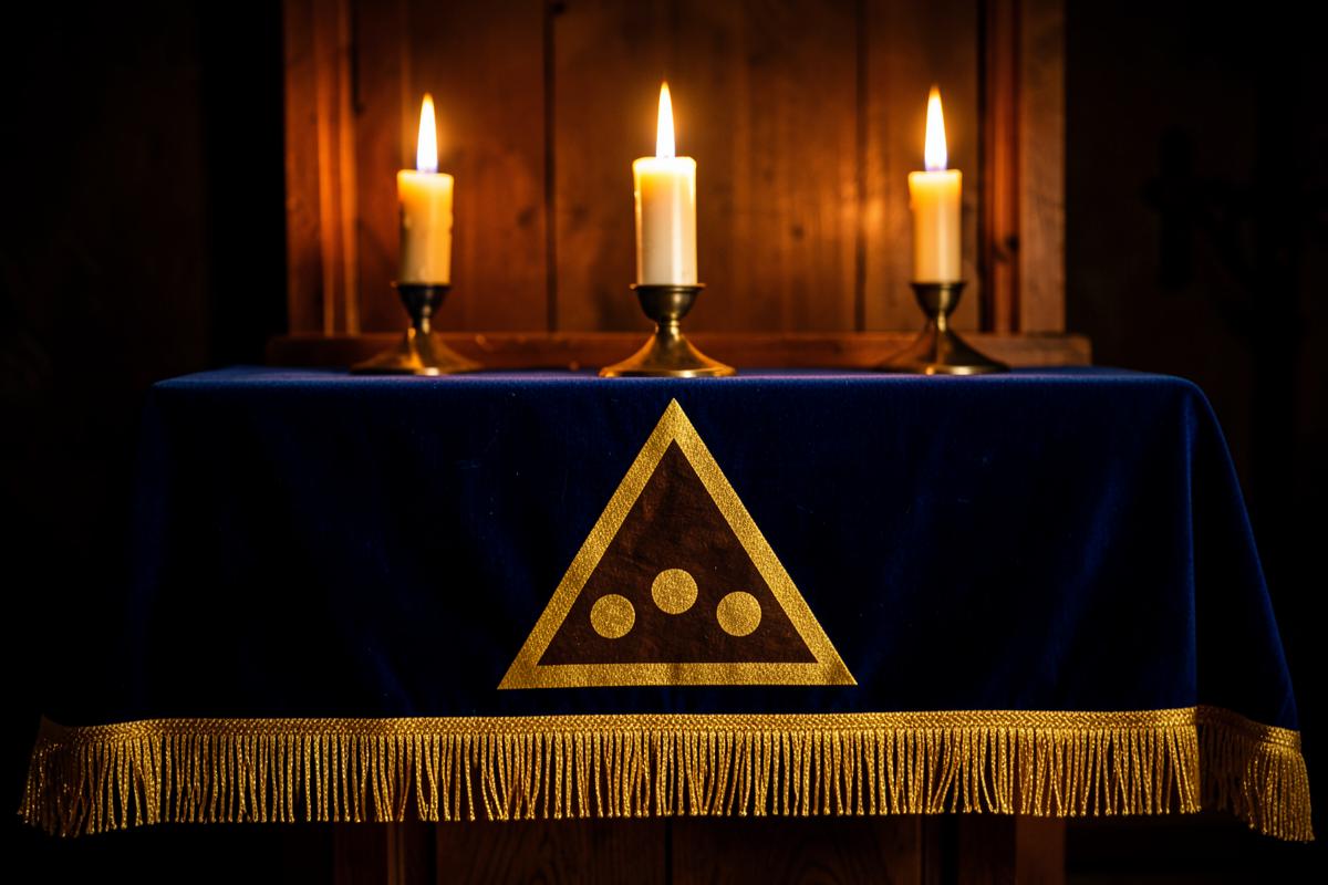 Altar maçônico com triângulo de três pontos bordado em dourado e velas acesas