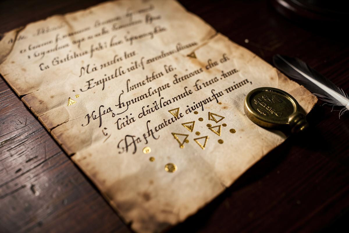 Documento maçônico antigo com abreviaturas e triângulos de três pontos em dourado