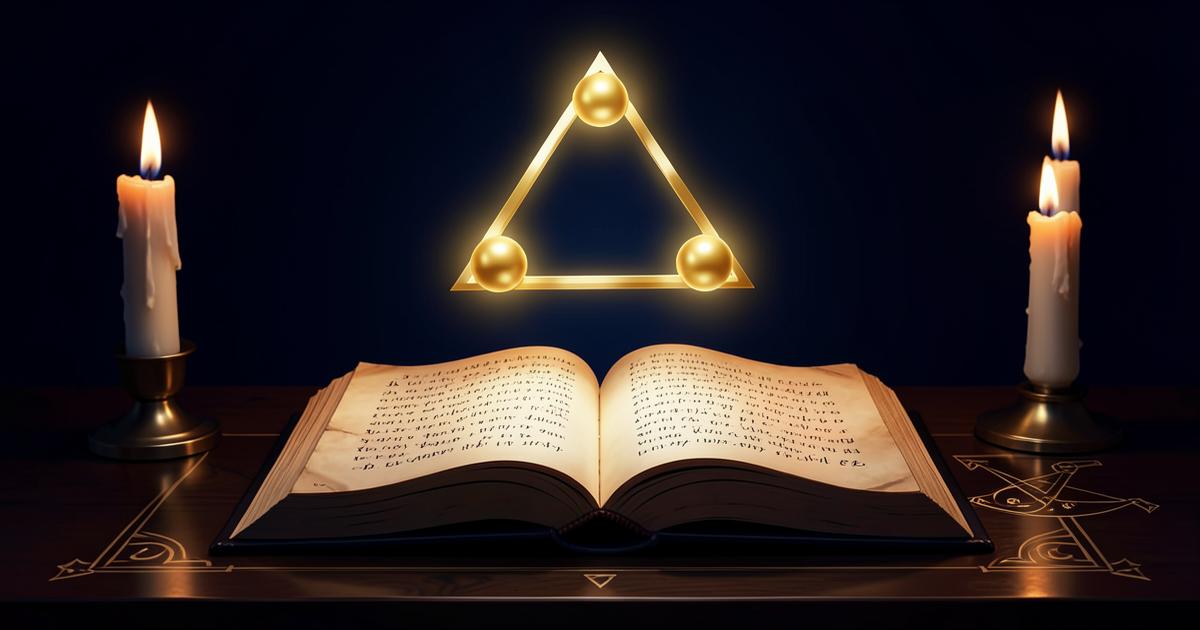 Três pontos maçônicos em triângulo dourado acima de um manuscrito antigo entre velas acesas