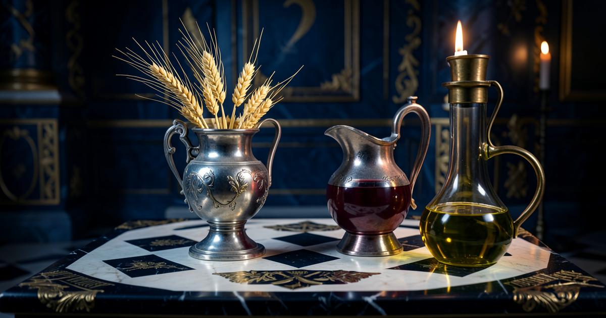 Vaso de prata com espigas de trigo, jarra de vinho e galheta de azeite sobre pavimento mosaico