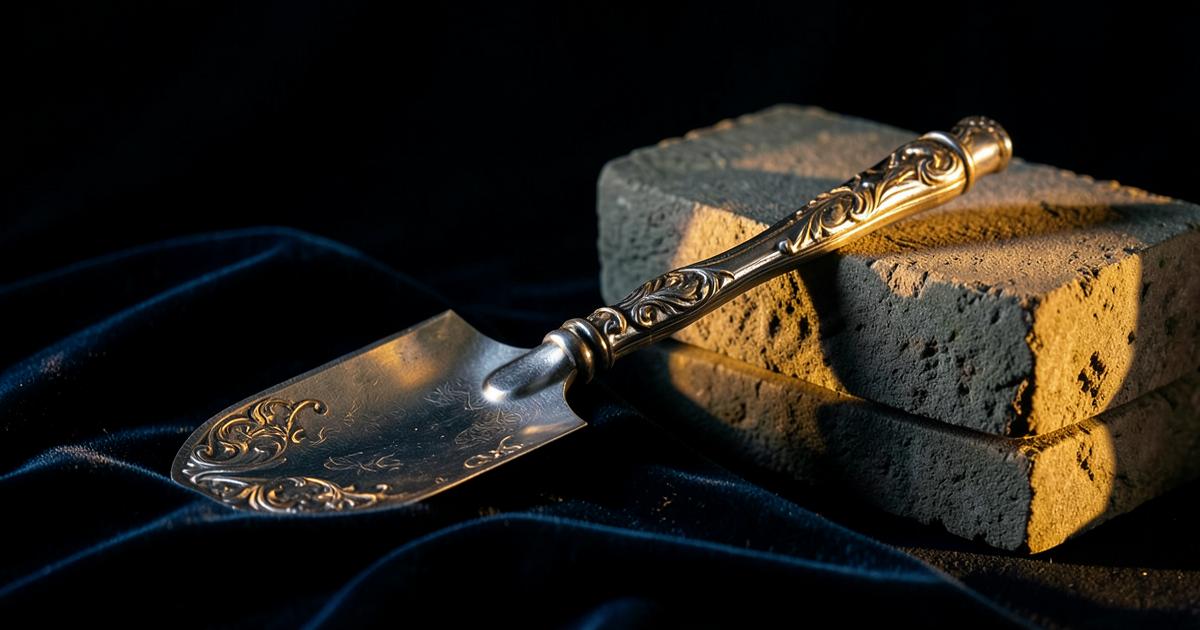 Trolha maçônica cerimonial de prata com cabo ornamentado sobre veludo azul-escuro ao lado de blocos de pedra