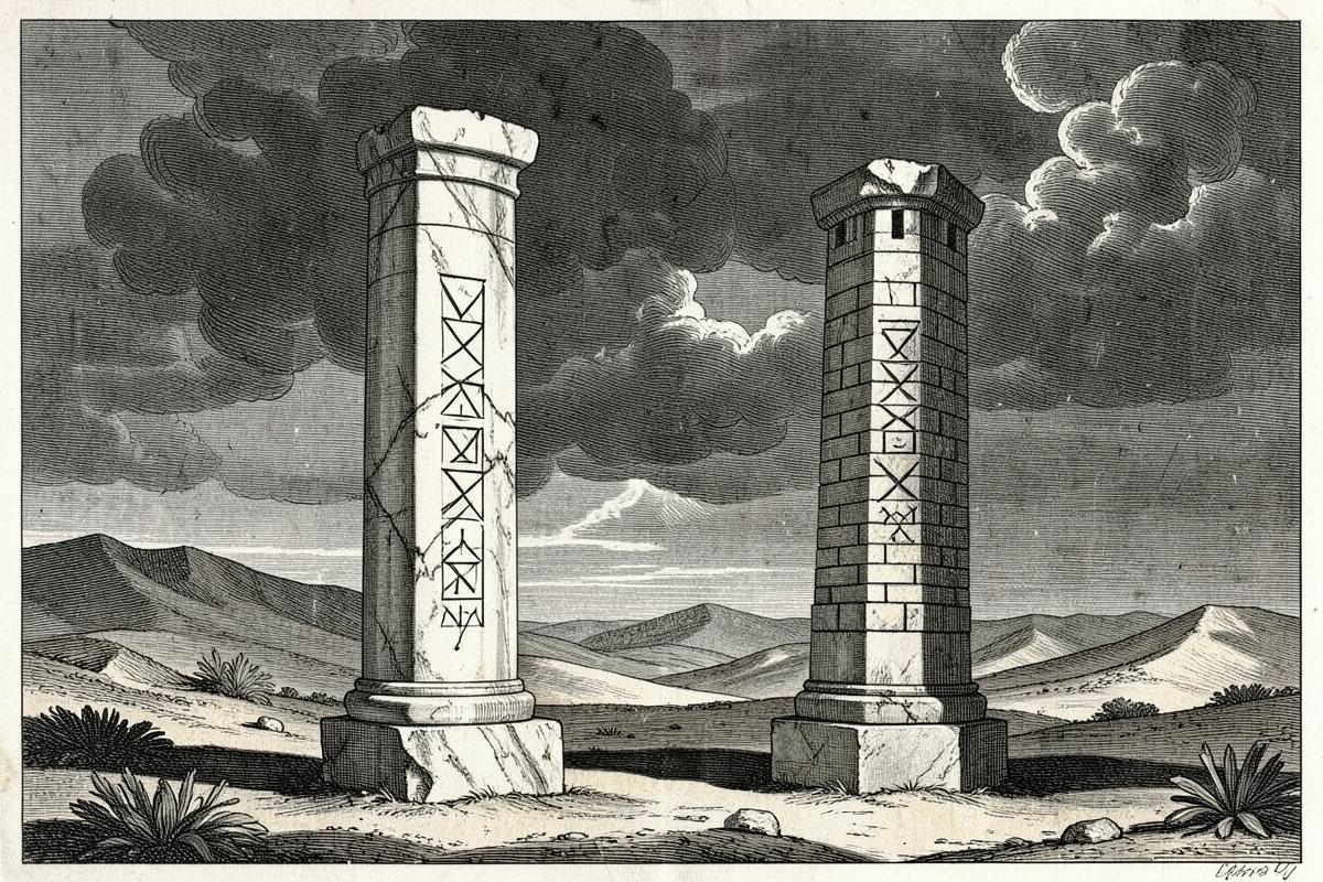 Duas colunas antigas, uma de mármore e outra de tijolo, gravadas com diagramas geométricos diante de uma tempestade