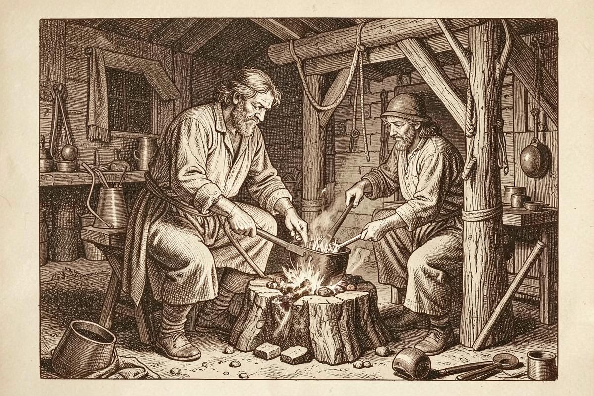 Ilustração em estilo gravura de um ferreiro bíblico trabalhando cobre e ferro em uma forja primitiva