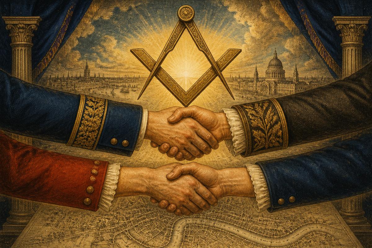 Aperto de mãos cerimonial sob esquadro e compasso, simbolizando a união de 1813