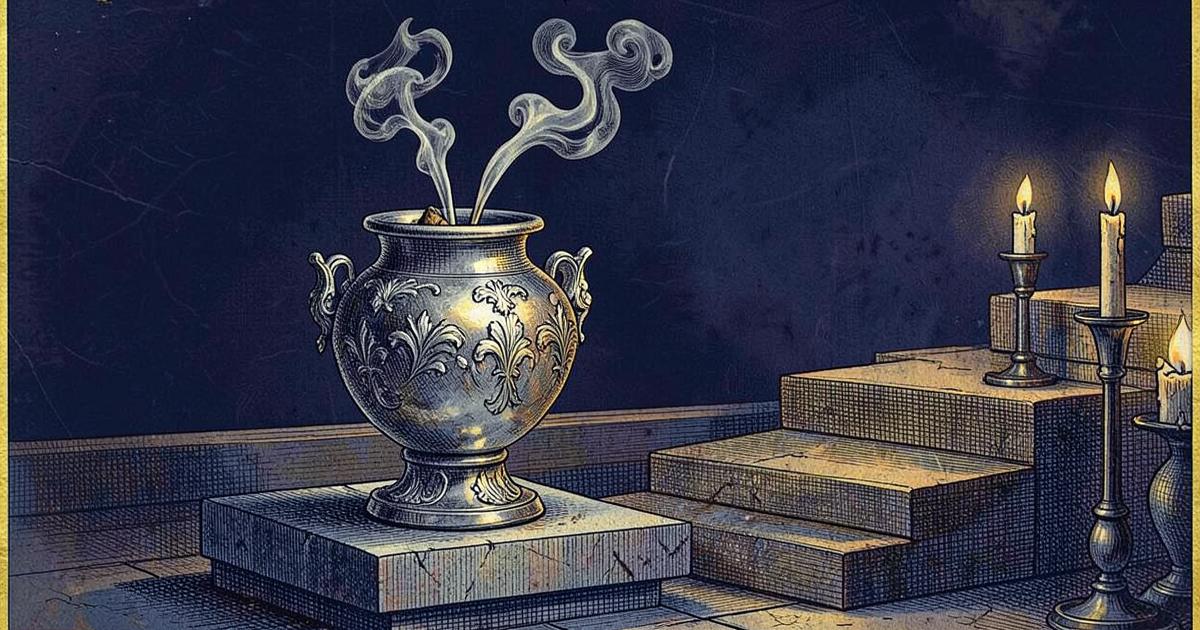 Vaso de incenso fumegante ao lado de três degraus de pedra em um templo maçônico