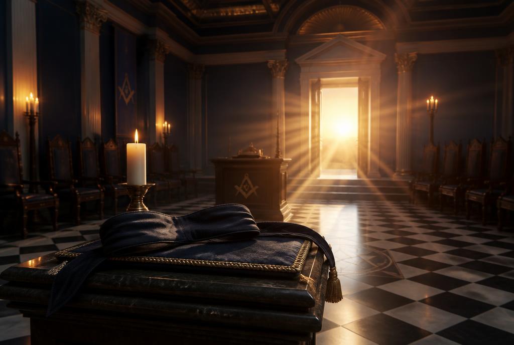 A luz do amanhecer invadindo o templo maçônico, com a venda já retirada sobre o altar