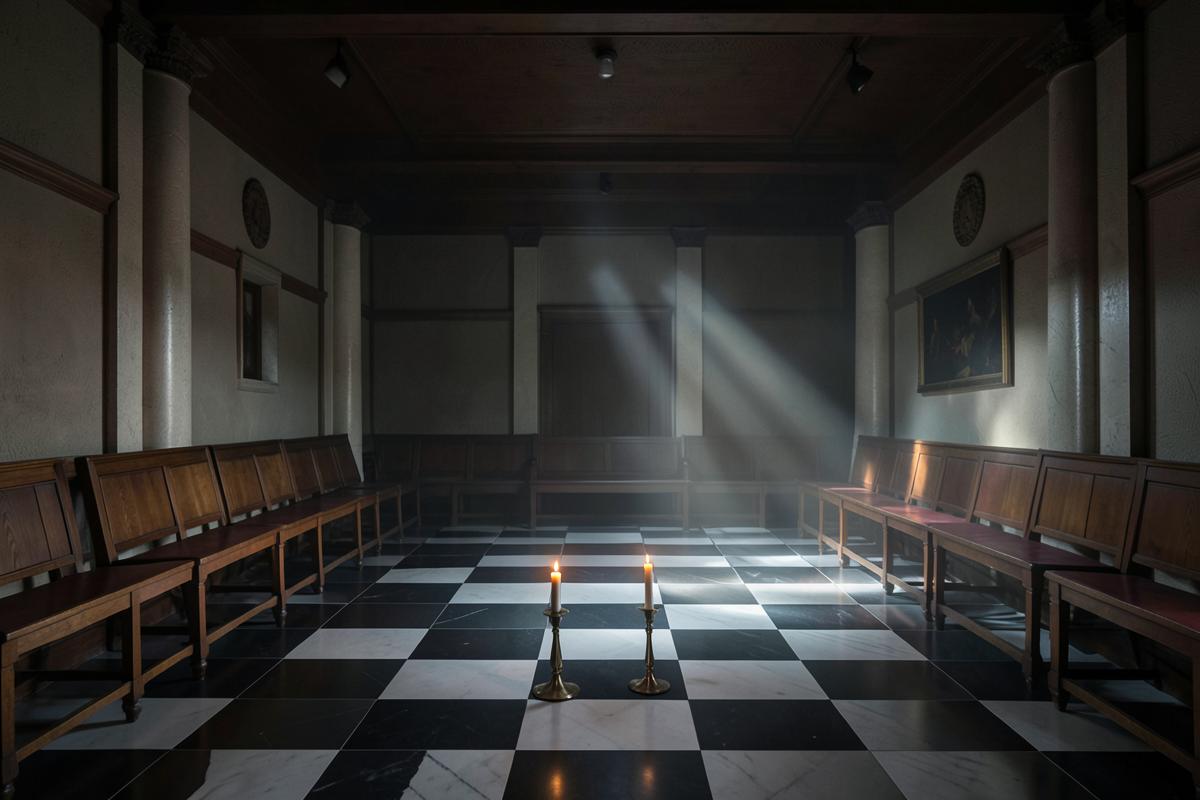 Interior de uma Loja maçônica preparada para sessão, com pavimento mosaico e cadeiras ao longo das colunas