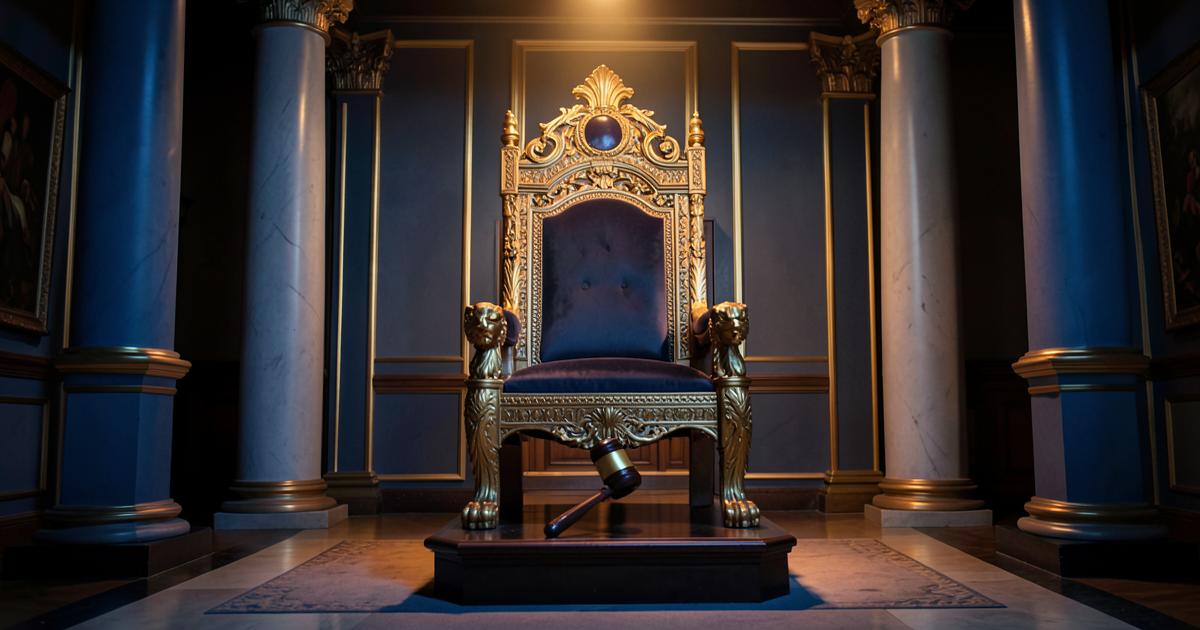 Cadeira do Venerável Mestre no Oriente de uma Loja maçônica, com malhete sobre o pedestal