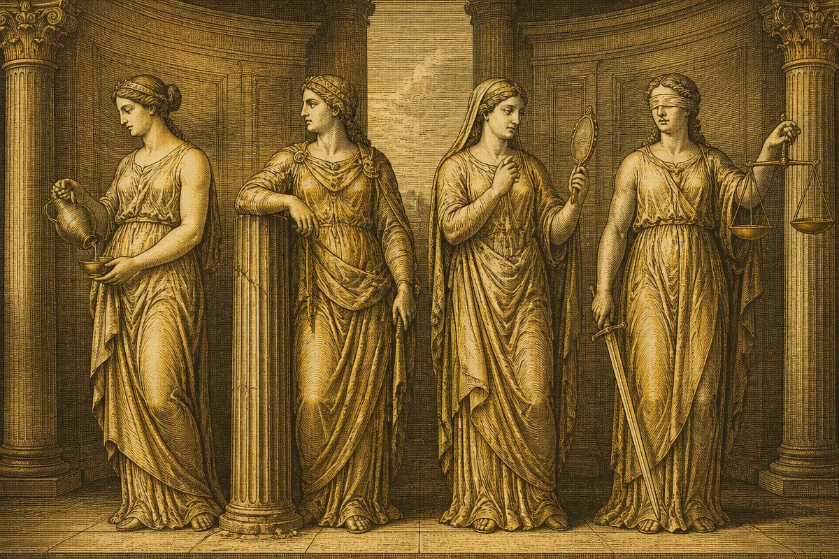 Quatro figuras alegóricas clássicas representando temperança, fortaleza, prudência e justiça em gravura antiga