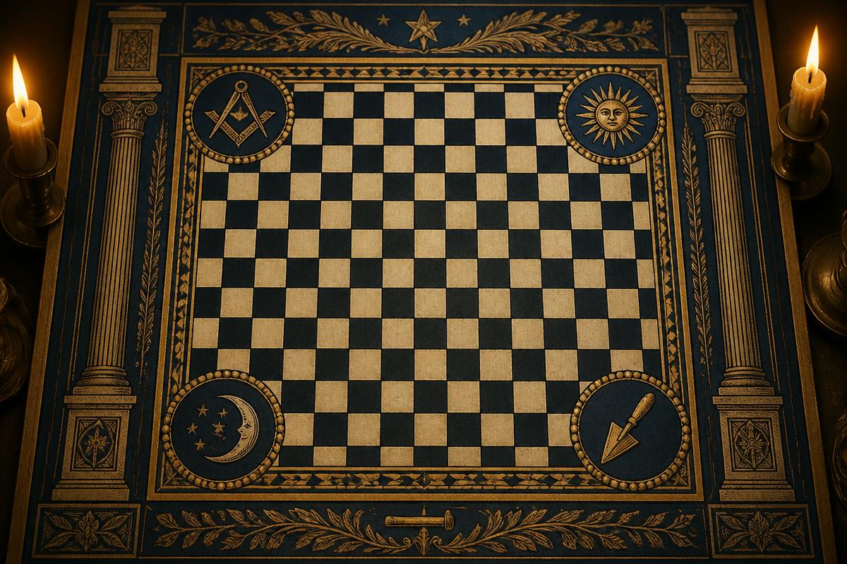 Detalhe de quadro de loja antigo com piso mosaico e quatro medalhões emblemáticos nos cantos