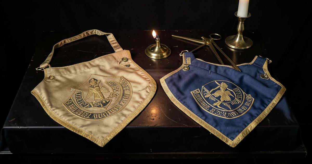 Dois aventais maçônicos lado a lado sobre mesa escura