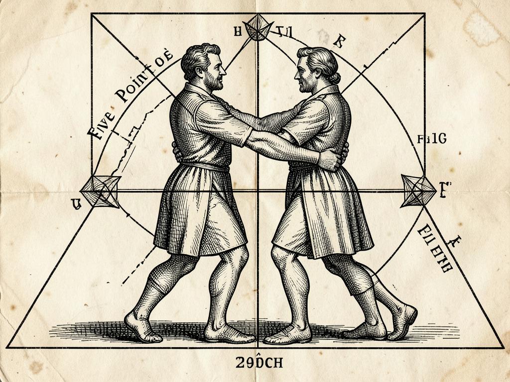 Gravura do século XIX mostrando dois maçons na posição dos Cinco Pontos de Contato